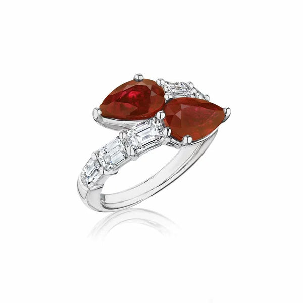 By-Pass Shared Prong Emerald Diamond And Ruby Ring - 1